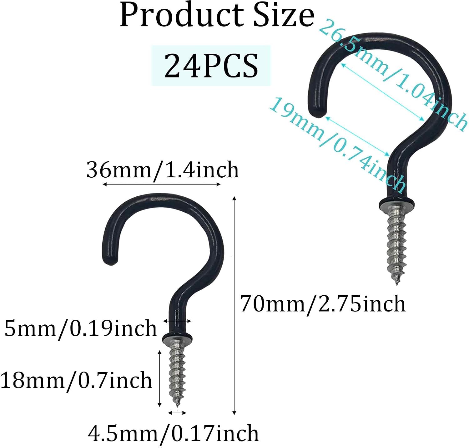 24PCS 2 Inch Ceiling Hooks, Heavy Duty Vinyl Coated Screw-in Plant Hangers for Indoor Outdoor Kitchen Garden, Multi-Purpose Cup Hooks Black image 2