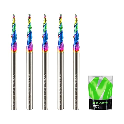 Tapered Ball Nose End Mill 1/8” Shank 8 Deg 1mm Tip Quark Smooth Coated Carbide CNC Spiral Router Bits for Wood & Metal Carving Engraving (5PCS)