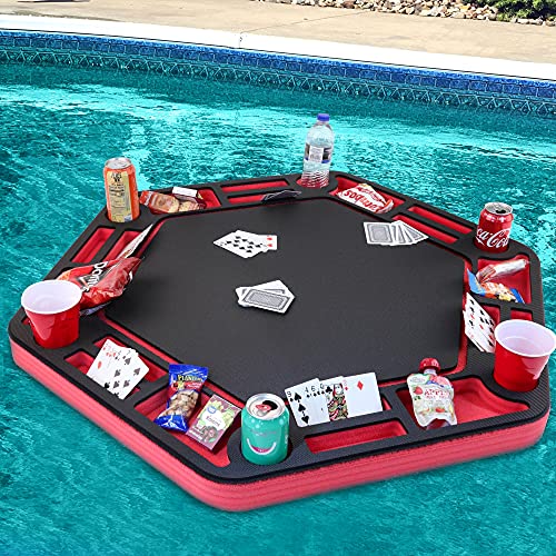 Polar Whale Floating Large Poker Table Red and Black Game Tray for Pool or Beach Party Float Lounge Durable Foam 40.5 Inch Chip Slots Drink Holders with Waterproof Playing Cards Deck UV Resistant