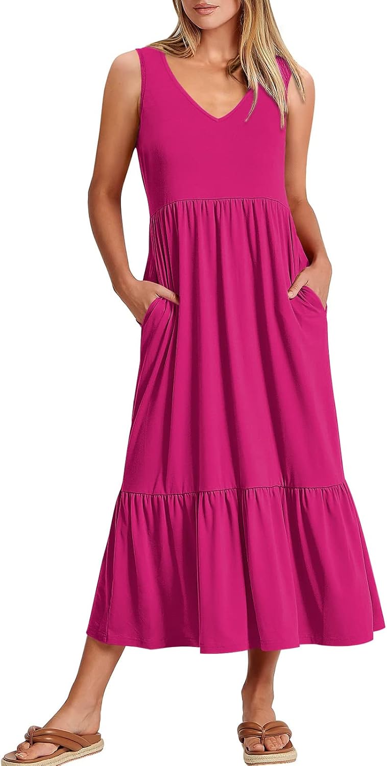 ANRABESS Womens Summer Maxi Dresses Fit & Flare Flowy V Neck Sleeveless Swing Casual Tiered Beach Sundress with Pockets