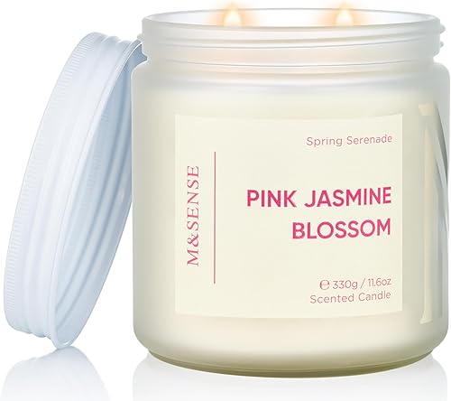 M&SENSE Vela perfumada rosa de jazmín Cera de soja natural de 11.6 onzas, 70 horas de tiempo de combustión de larga duración, vela de primavera no
