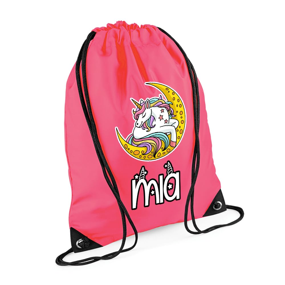 Unicorn Bag Gift For Girl, Personalised Backpack, Back To School Gift, Drawstring Bag, PE Gym Kit, Swimming, Sport Rucksack. (Fluorescent Pink)