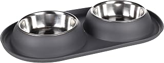 Flamingo Futter- und Trinknapf Duo Dinner für Hund Grafa Oval Dunkelgrau 14,5cm - 41,5x23x4,5cm - 2x500ml - Edelstahl - Antirutsch - Verhindert Verschütten auf dem Boden