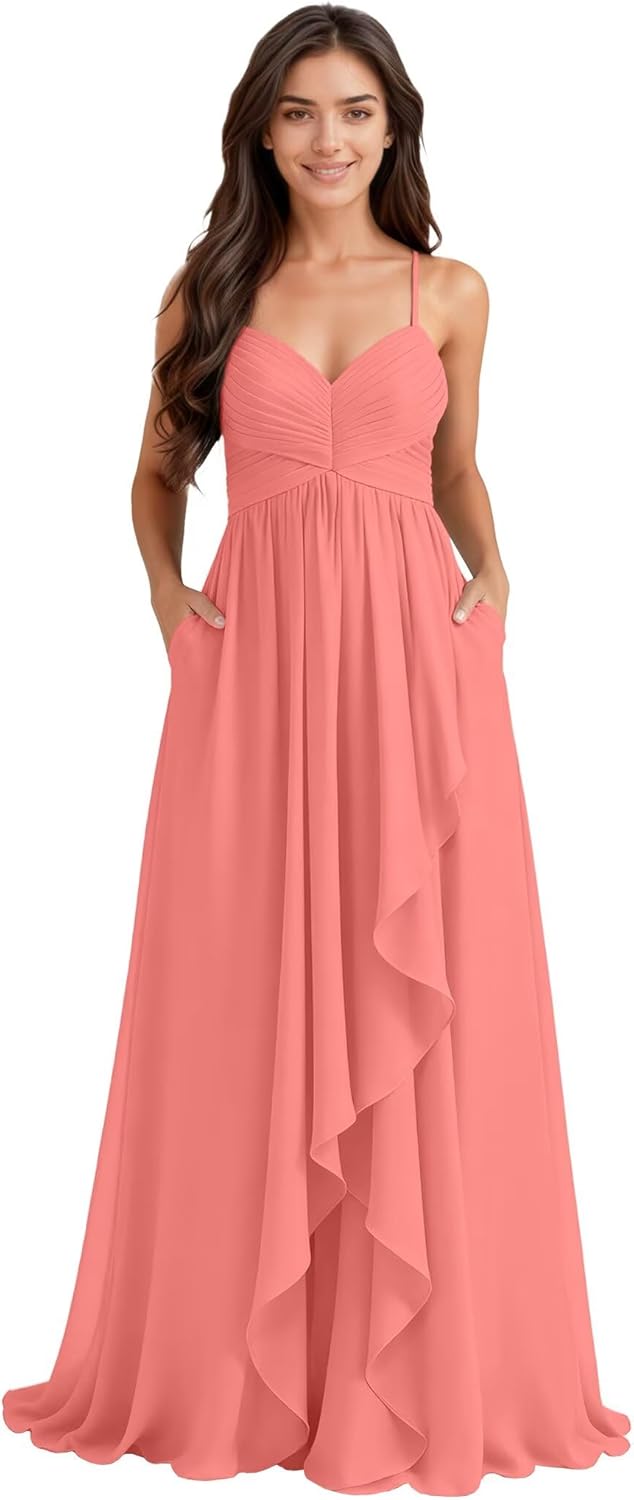 Women's Chiffon Bridesmaid Dresses Sleeveless Wedding Party Gowns with Straps Prom Evening Dresses High Low