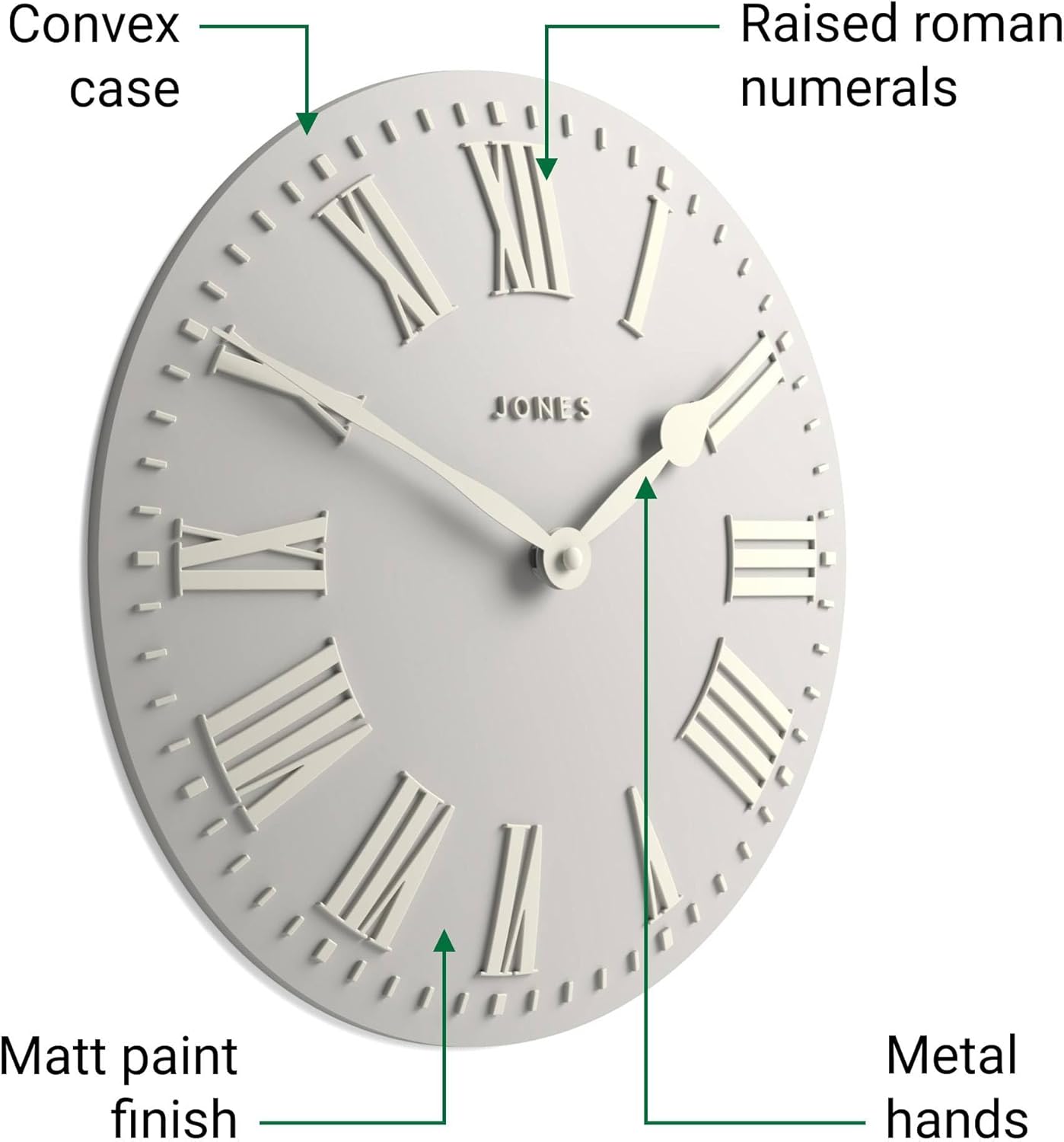 JONES CLOCKS® Strand Wall Clock | Modern Classic Convex Clock | 12 inch | Pale Gray | Roman Numerals | Ideal for The Kitchen, Living Room, Office or Bedroom