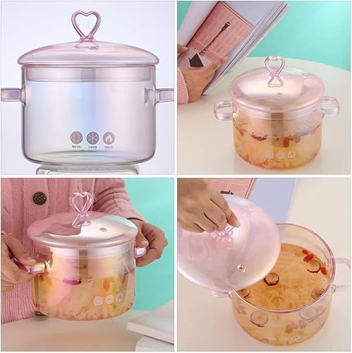 Miniatura 8 de Yardwe Tazón de sopa de vidrio con tapa y asa 1 olla de cocina rosa de doble mango