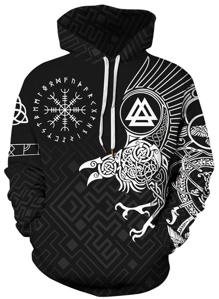ENLACHICMen's Viking Tattoo 3D Digital Print Hoodies Pullover Sweatshirt