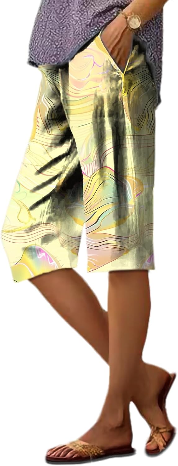 Wide Leg Shorts for Women Floral Graphic Business Casual Loose Fit Comfy Baggy High Waisted Capris Pants