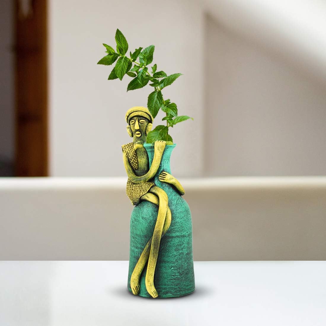ONVAY Terracotta Flower Vase (9 x 9 x 22 cm, Green)