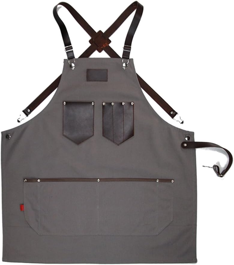 Utility Brown Gray Apron With Tool Pockets Cross-Back Leather Straps & Adjustable M to L. The Commercial/Residential Apron
