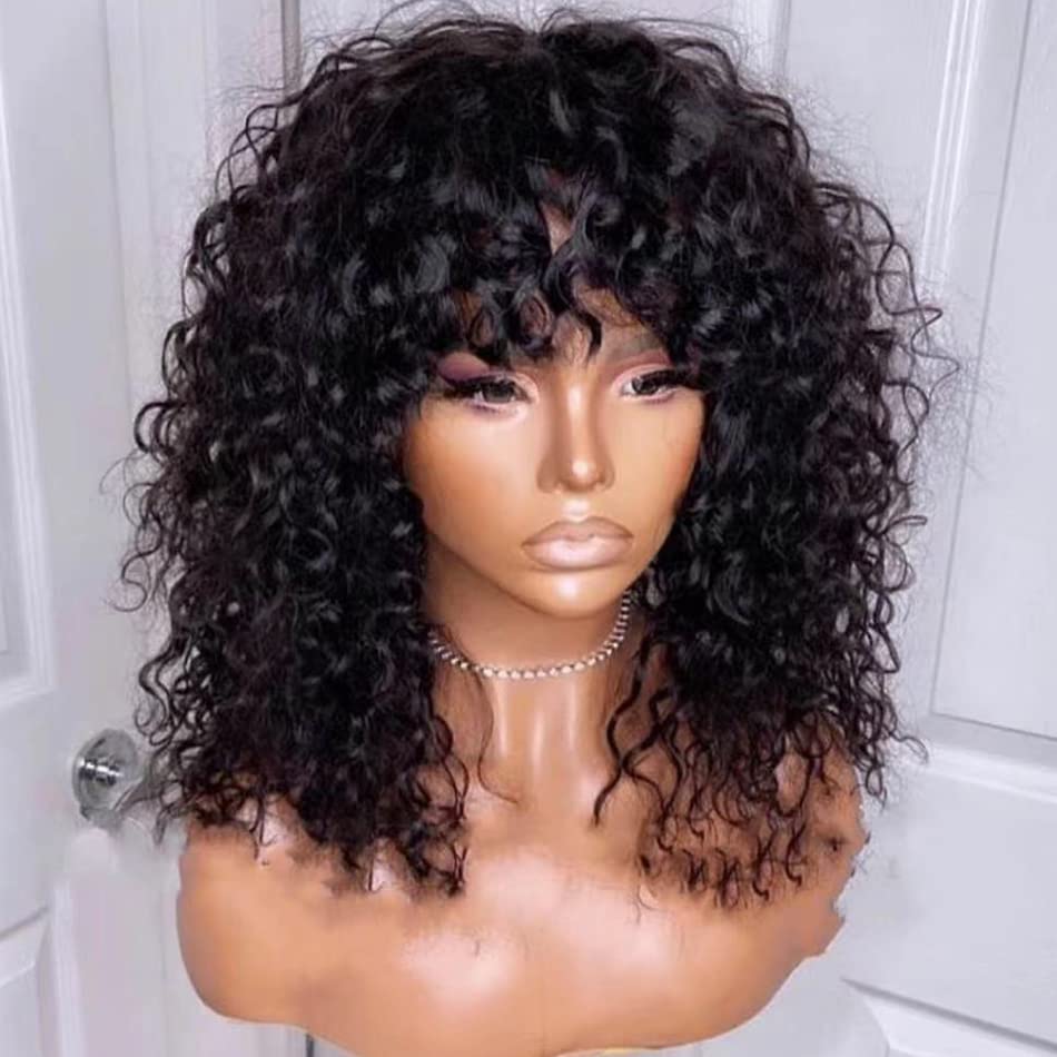 Miniatura 2 de INSBEAUTY Pelucas de cabello humano rizado malasio con flequillo de 180 % de densidad, pelucas hechas a máquina para mujeres negras, color natural,