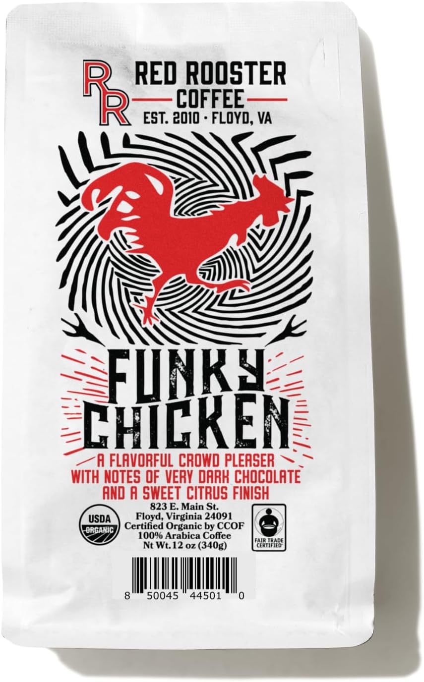 Organic Funky Chicken Coffee – Medium-Dark Roast Whole Bean – Notes of Pecan Praline, Milk Chocolate Truffle & Lemon-Lime – 12oz – USDA Organic, Fair Trade