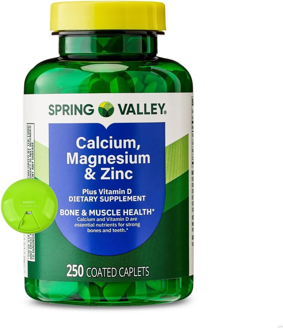 Spring Valley Calcium, Magnesium & Zinc Plus Vitamin D3 Coated Caplets, Bone & Muscle Health, 250 Count Organizer SUREFECT.