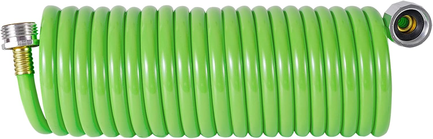GREEN MOUNT Coil Garden Water Hose 25 ft Premium PU Boat Washdown Short Hoses with Brass Connectors