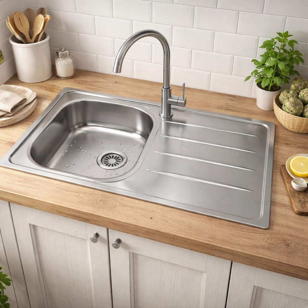 Cata CDL-1 ED Fregadero Sobre Encimera 79 x 50 cm, Cubeta Cuadrada con Escurridor, Válvula Canasta 3 1/2”, Mueble Mínimo 45 cm, Acero Inoxidable