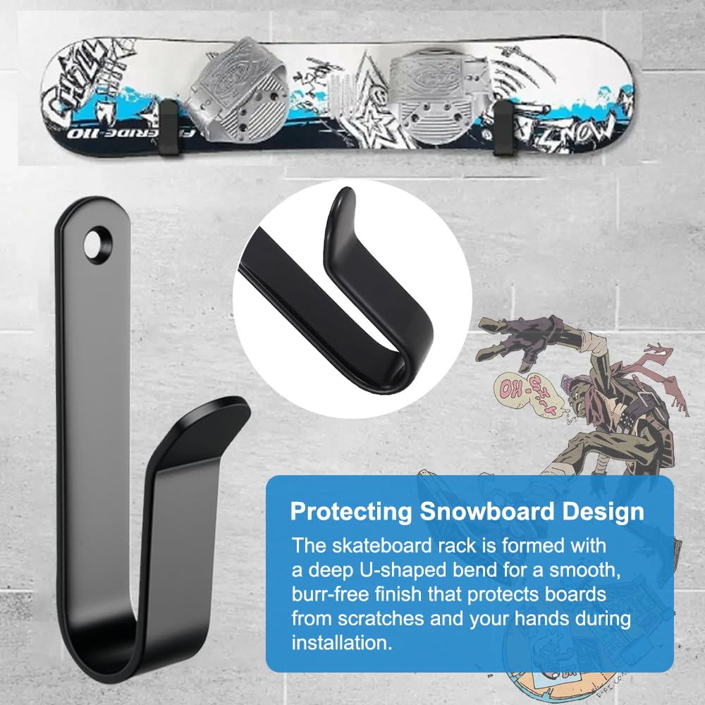 EXIN DECHEN 4 Piezas Soporte Skate Pared, Negro Estante de Exhibición para Snowboard Soporte de Pared para Monopatín con Tornillo para Tablas como Monopatines, Longboards, Wakeboards