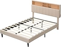 Vista 6 de Quarte Cama de plataforma tapizada de tela de lino retro de tamaño matrimonial con puerto USB, estantes de almacenamiento y cabecera ajustable