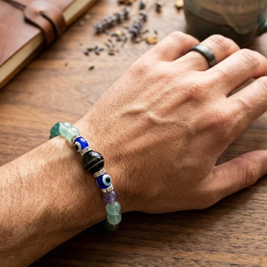 Image of Kanya (Virgo) Rashi Bracelet | Lepidolite, Green Jade, Moss Agate, Amazonite, Fluorite, Evil Eye | Ideal For Wisdom & Refinement | Balances Overthinking & Supports growth | For Men & Women