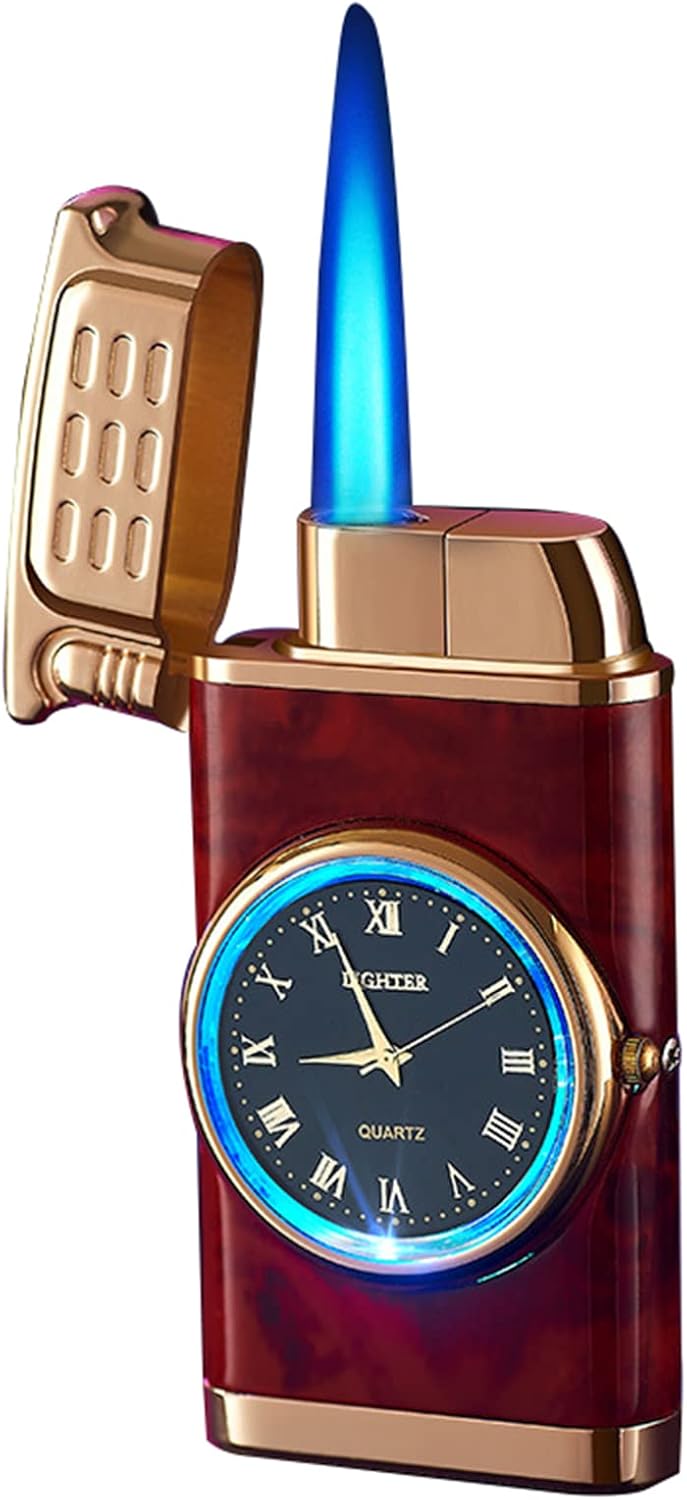 2 in 1 Cigar Lighter with Powerful Jet Blue Flame, Windproof Gas Lighters Refillable, Adjustable Candle BBQ Lighter with LED Watch Gift for Father Dad Husband(Without Butane)