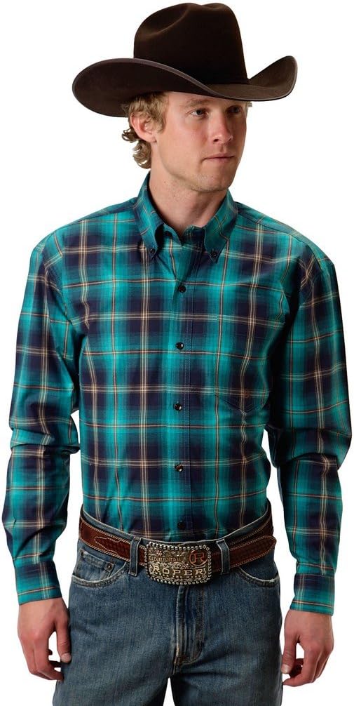 Roper Western Shirt Mens Plaid Botón L/S Verde 03 001 0379 6051