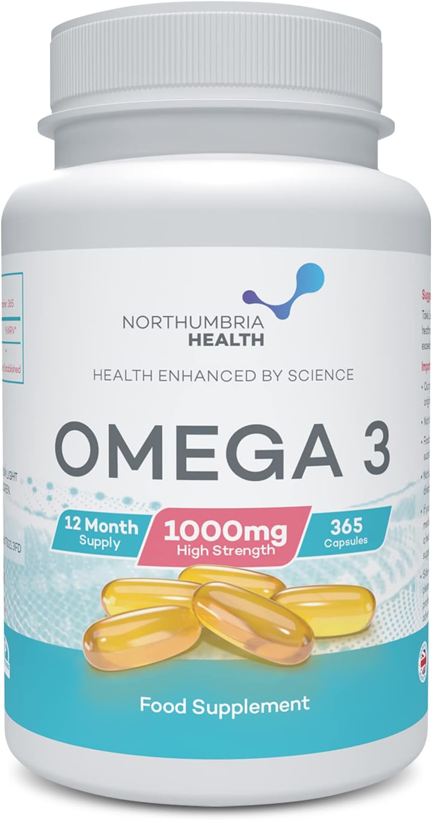 Omega 3 Softgels, 1,000mg Omega 3 Fish Oil (180mg EPA & 120mg DHA) 365 High Strength Softgels (1 Year Supply) Brain, Eye & Heart Health, Anti-Inflammatory, Made in The UK by Northumbria Health