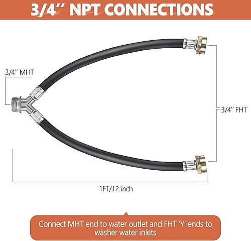 Miniatura 4 de Dreyoo Paquete de 2 mangueras de goma en Y para lavadora, accesorios de latón de 34 pulgadas, 1 pie (12 pulgadas) de longitud, suministro de agua