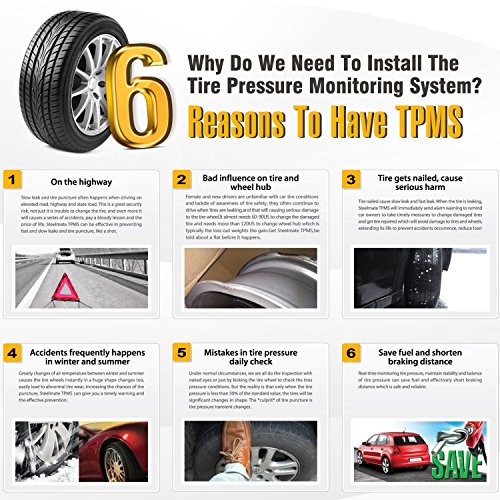 Vesafe Universal Solar Tpms, Wireless Tire Pressure Monitoring System With 4 Diy External Cap Sensors(0-6Bar/0-87Psi), Real-Time Display 4 Tires' Pressure And Temperautre. (Color Display) #TOP6