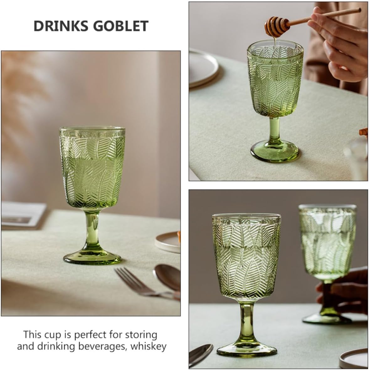 VOSAREA Embossed Green Glass Wine Goblet 300ml Lightweight Vintage Retro Style round Mouth Drinkware Easy to Clean Elegant Beverage Cup for Home and Parties