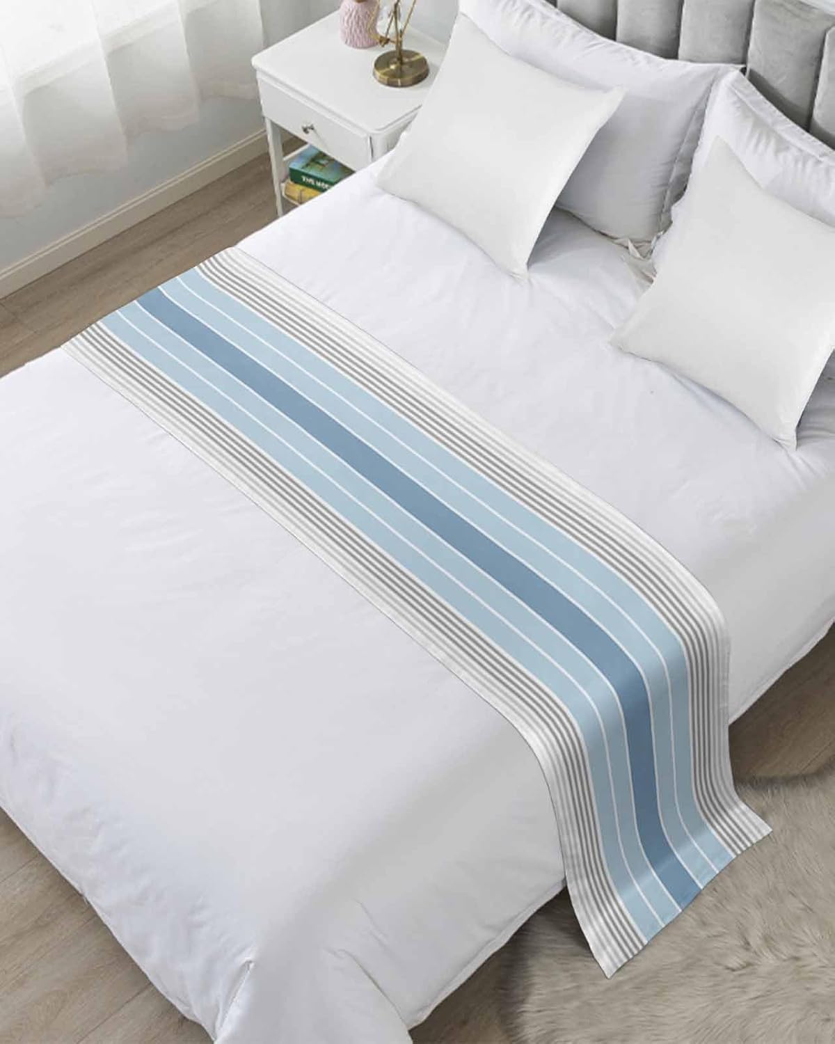 Abstract Blue Gradient Stripe Bed Runners for Bedroom Hotel,Decorative Bedding Scarf Grey Minimalist Line Art Bed End Blanket Bedding Runner Scarves for Queen Size Bed,94x20in