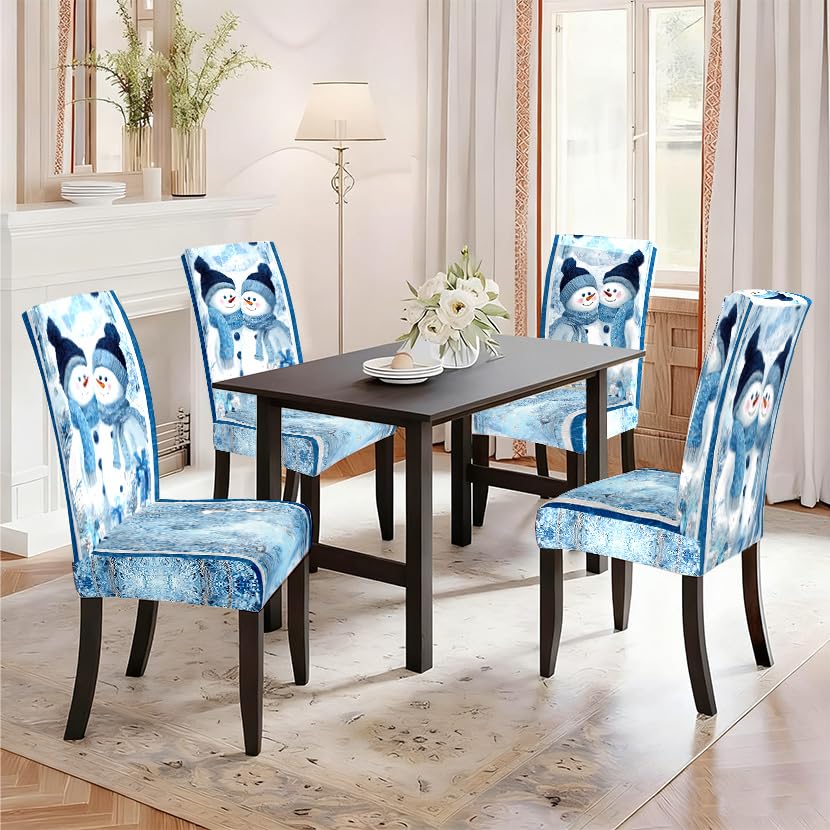 Image of Snowman Couple Dining Chair Covers Set of 4, Winter Slipcovers