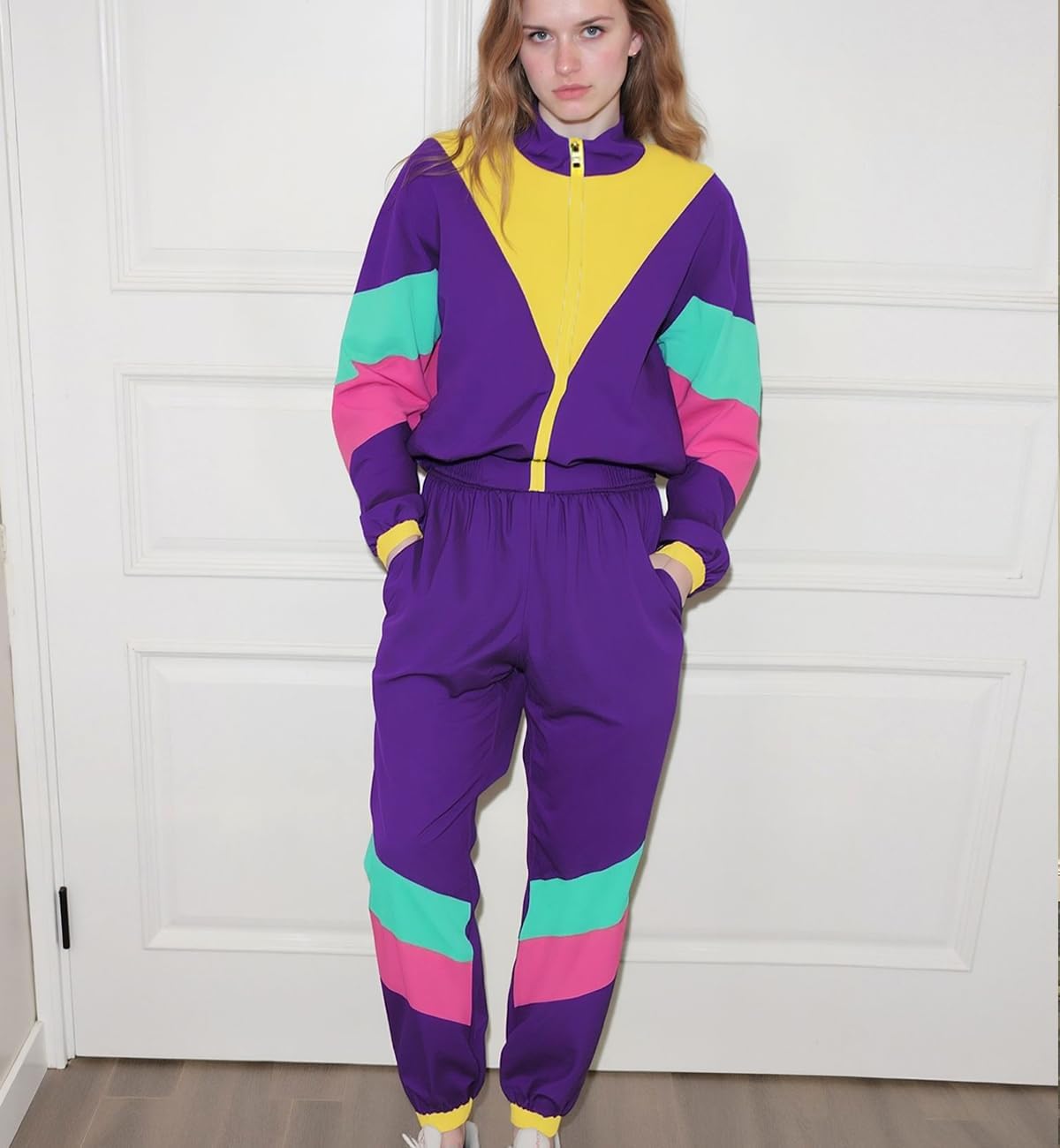 UOUA Women's Color Block 2 Piece 80s 90s Outfits Long Sleeve Windbreaker Jacket Tracksuit Set - Image 3