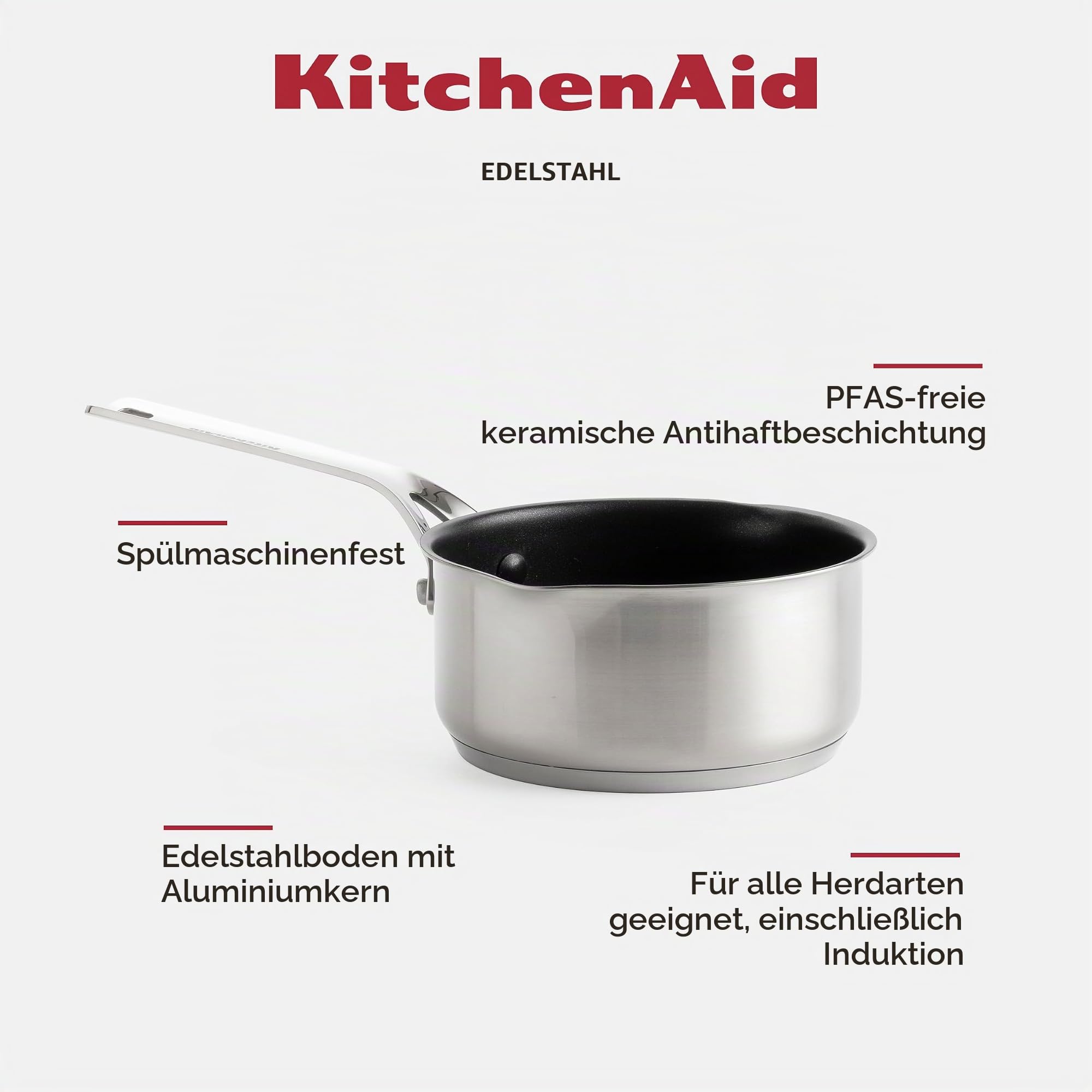 KitchenAid Stainless Steel PFAS-Free Ceramic Non-Stick 16 cm/1.5 Litre Saucepan, Clad, Induction, Oven Safe, Silver