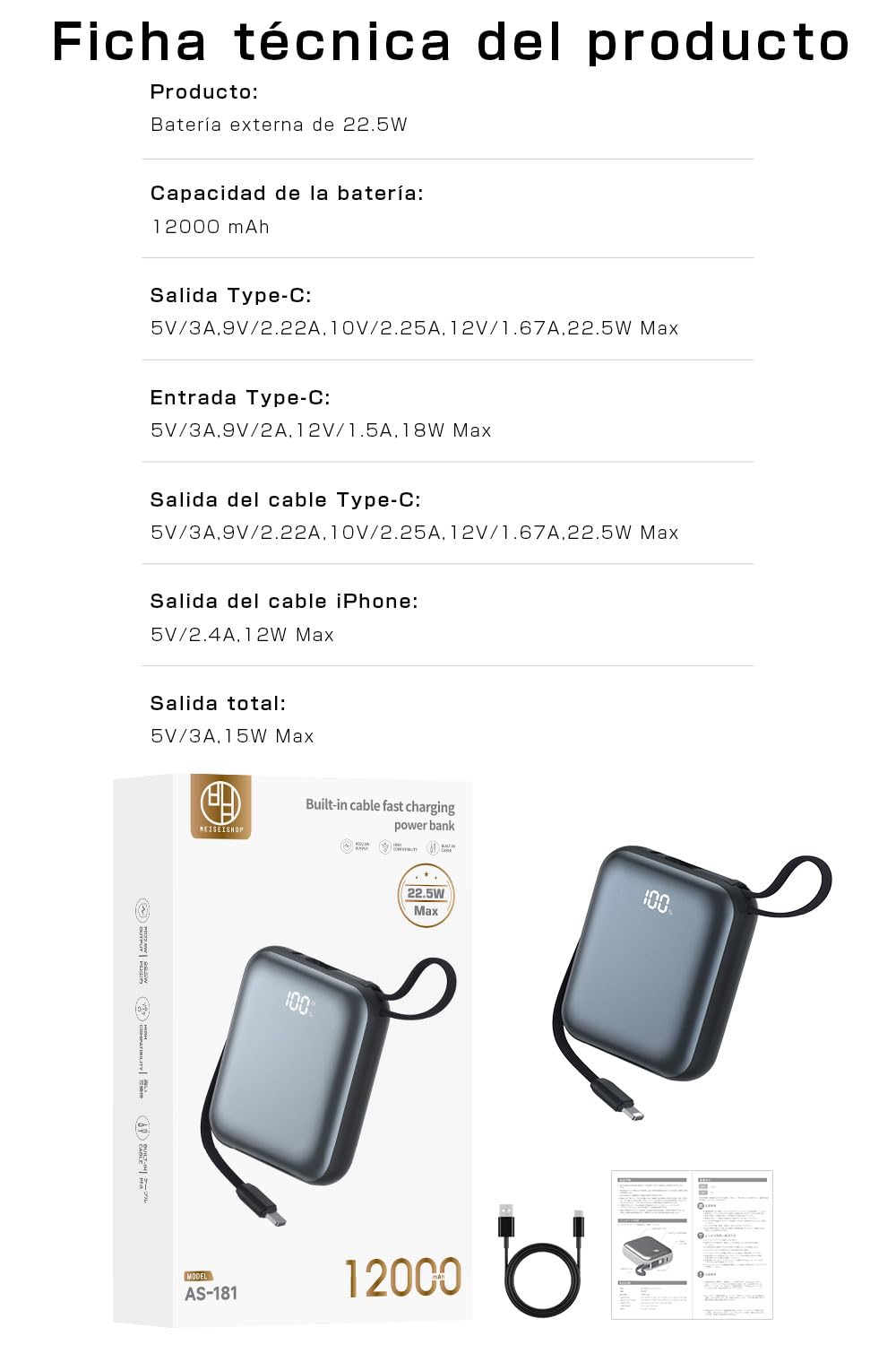 Batería Externa 12000mAh con Cables Integrados， Sin Necesidad de Cable， Carga Rápida PD 22.5W， 3 Dispositivos a la Vez， Compacta con Pantalla Digital（Gris）