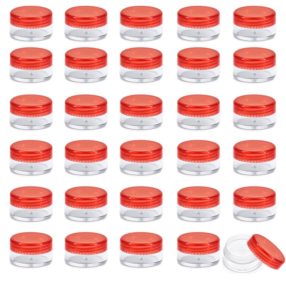 30 Count Tiny Sample Jars,3 Gram Sample Containers with Lids,Empty Lip Balm Jars, Mini Cosmetic Containers with Lids, Makeup Travel Containers(Clear Red)