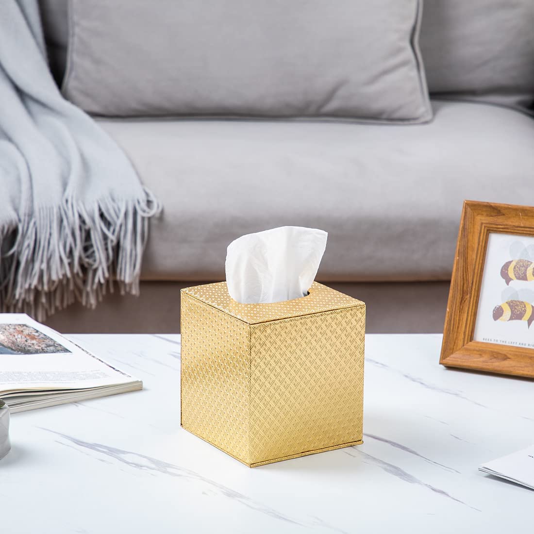 Funda cuadrada para caja de pañuelos, soporte de pañuelos blanco para accesorios de baño (dorado)