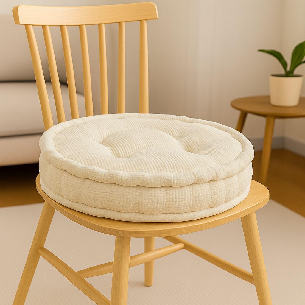 INSAFIANS Round Booster Cushion 10cm – Thick Fibre Filled Chair Pad for Armchair Office Tufted Design Indoor/Outdoor Use (CREAM)