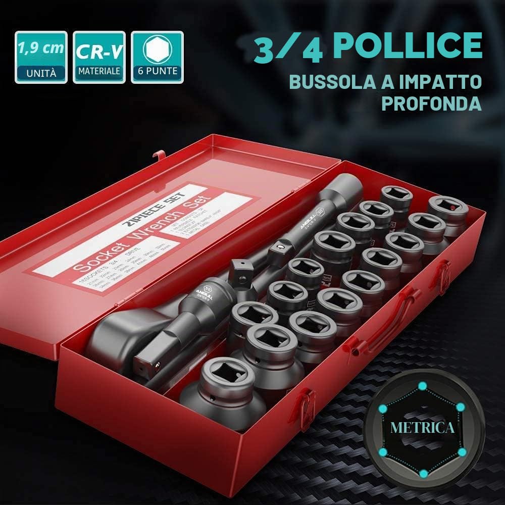 Anbull 21Pcs Set Bussole a Impatto, chiave a bussola 3/4 , 3/4 Pollici Set Chiavi a Bussola a 6 Punte (21-50mm) in acciaio Cr-V, Prese, Metriche