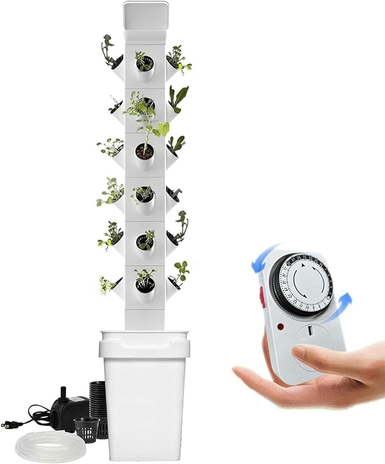 AMNOOL Hydroponics Growing System 24 Pods Vertical Hydroponics Tower Smart Garden Planter Germination Kit Aeroponics Growing Kit with Hydrating Pump, Adapter, Net Pots, Timer/1pc