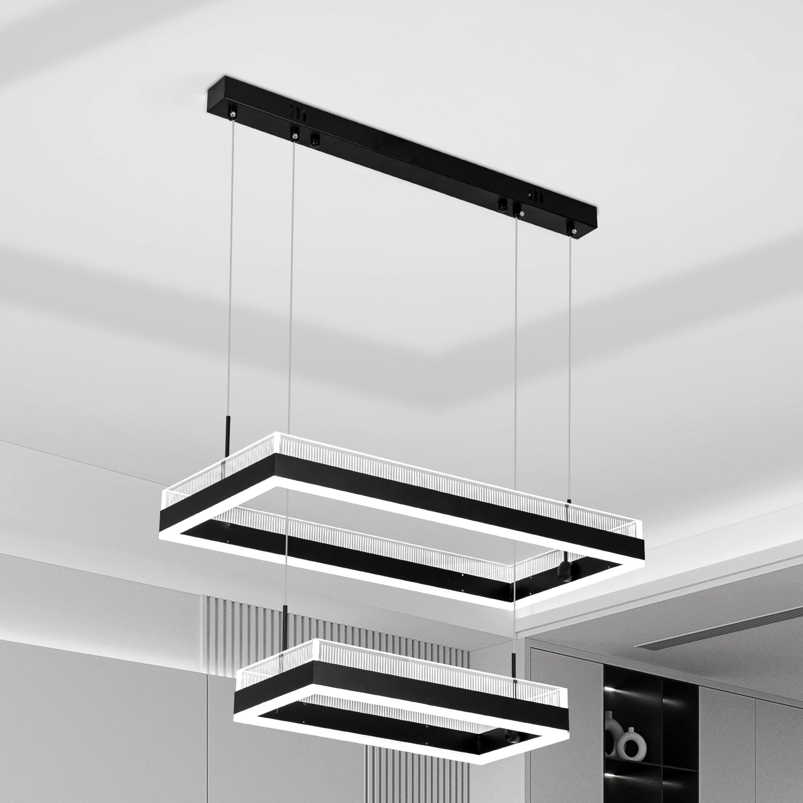 YT YATAI LIGHTINGBlack Chandelier Dining Room, Modern minimalist 2 Rectangular Chandelier Light for Bedroom, Kitchen Table, Adjustable Color Temperature Acrylic Chandelier