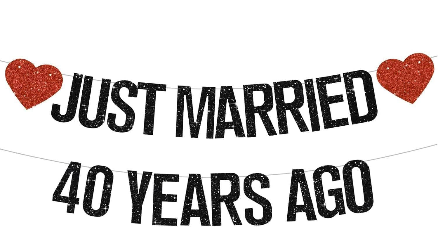 DecoGlee Black Glitter Just Married 40 Years Ago Banner Supplies NO DIY