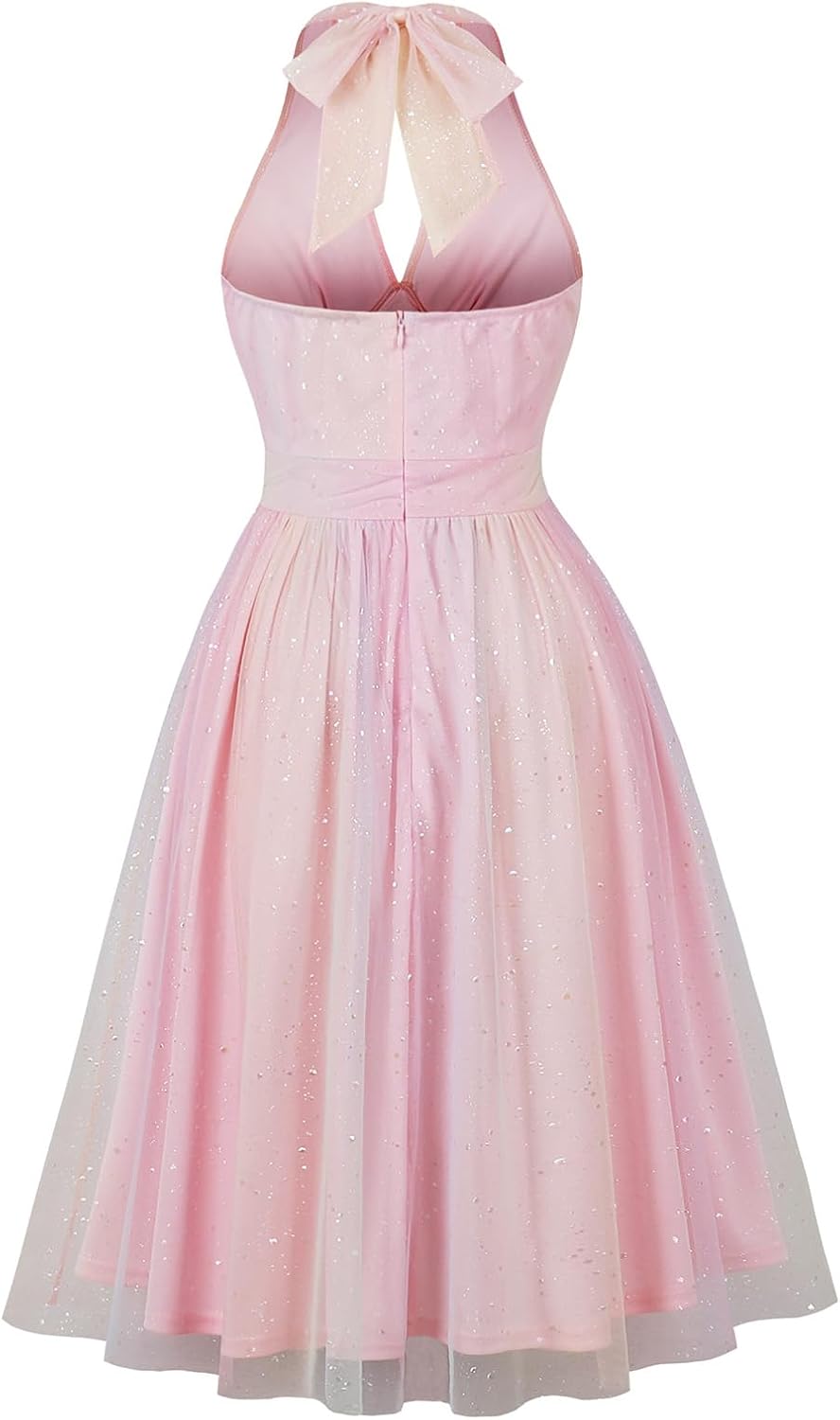 Glitter Sparkle Tulle Prom Dresses for Women Halter V Neck Sleeveless A-Line Wedding Party Short Vintage Homecoming Dress - Image 6