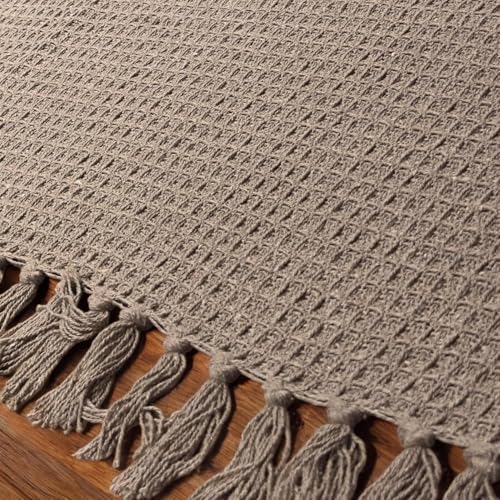 Image of Furnistitchs Bohemian Cotton Sofa Throw Blanket 50x60 inches | Waffle Knit & Chevron Pattern with Fringes | Aesthetic Decorative Couch Throw for Living Room & Bedroom (Light Brown)