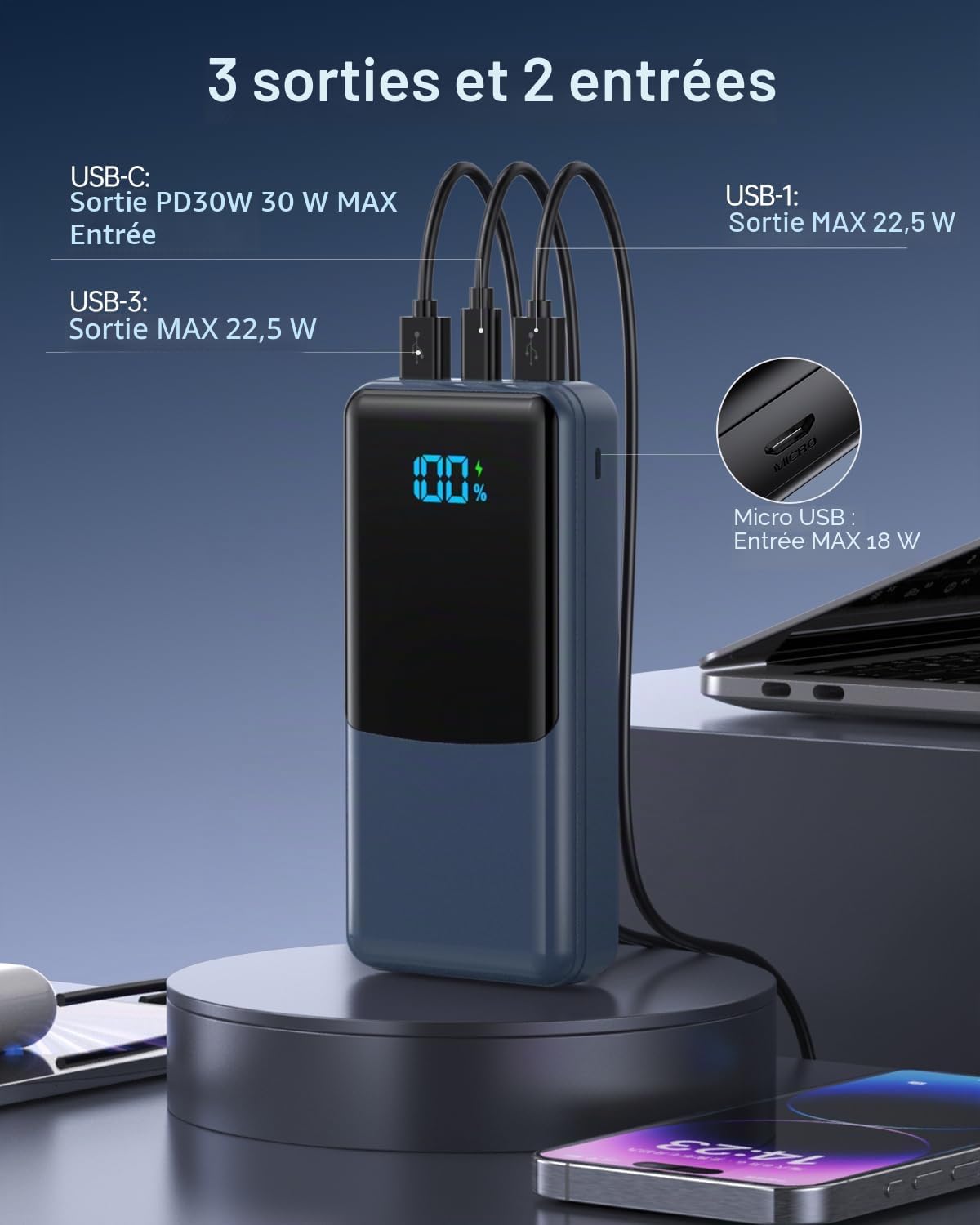 Coblob Batterie Externe, 30W 27000mAh Power Bank, Batterie Portable USB C (Entrée/Sortie) PD3.0 QC4.0 Charge Rapide Chargeur avec Affichage LCD Compatible Smartphones Tablets Watches etc. (Bleu Foncé)