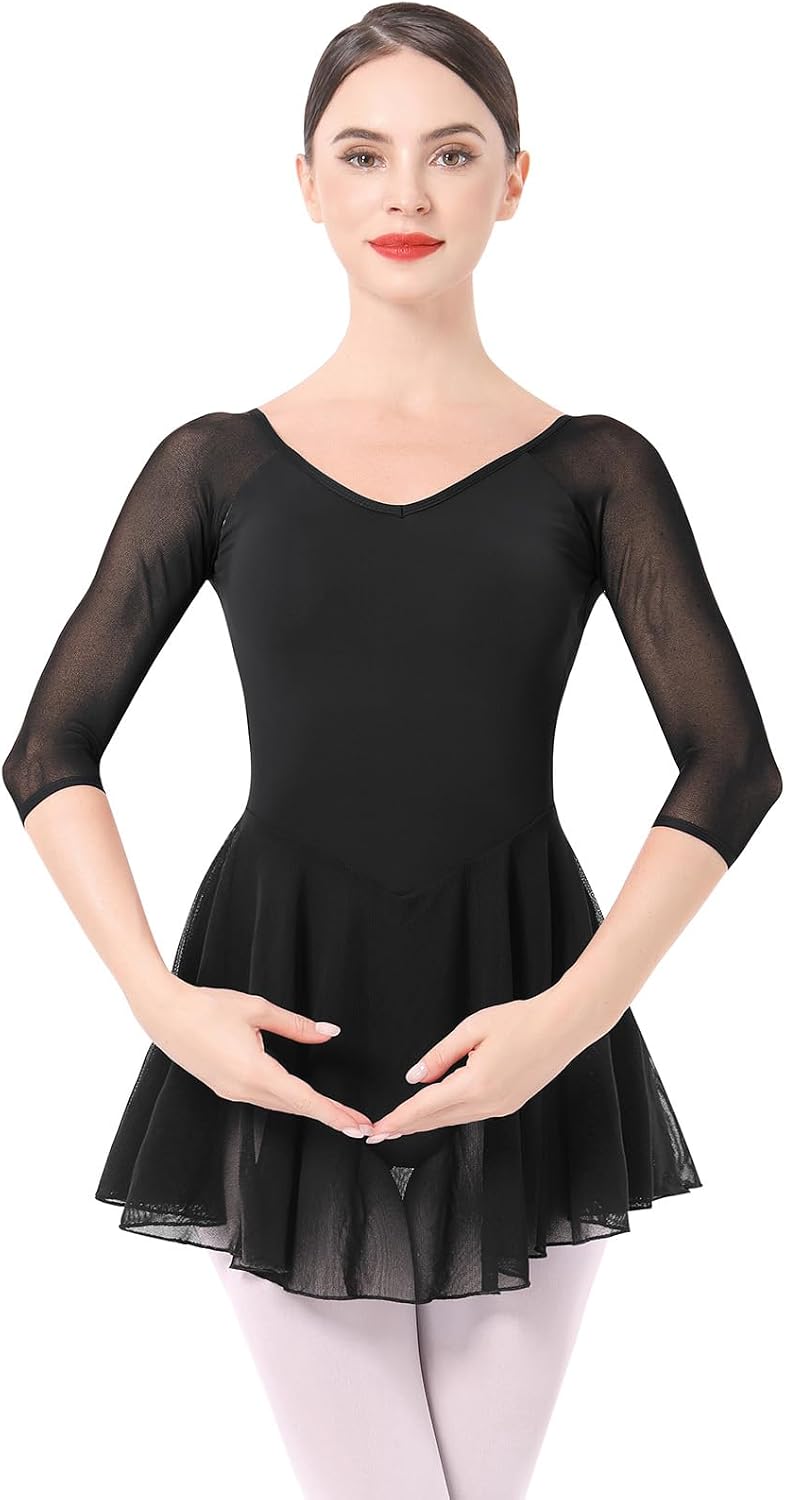 IBAKOM Ballet Leotards Dress for Women 3/4 Mesh Sleeve V Neck Scoop Back Gymnastics Leotard Slim Fit Ballerina Dance Leotard