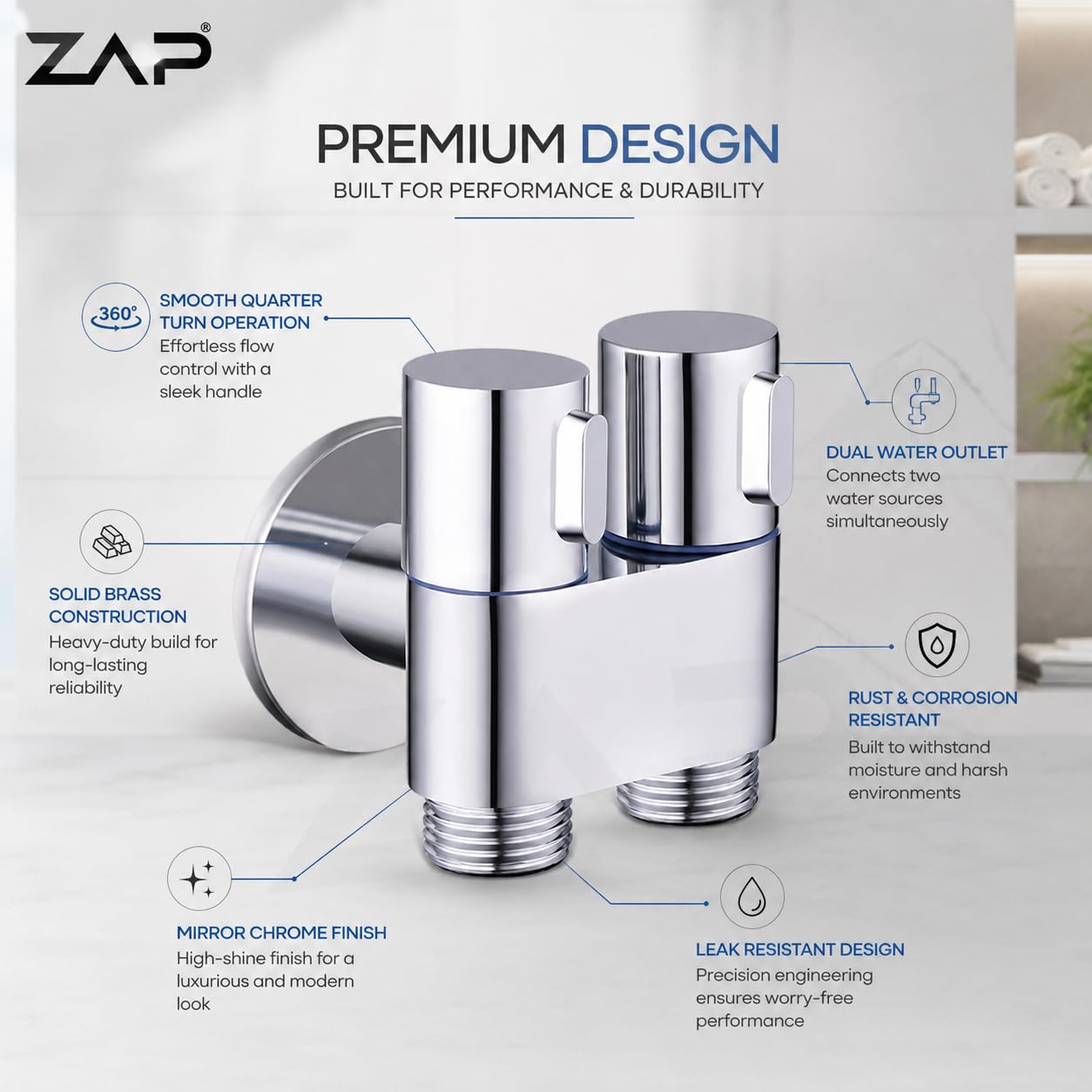 ZAP Brass 2-in-1 Angle Valve for Bathroom | Chrome Plated Dual Outlet Angle Cock with Wall Flange | Stainless Steel 2 Way Bib Tap for Health Faucet, Jet Spray, Wash Basin & Toilet Shower Connection 1