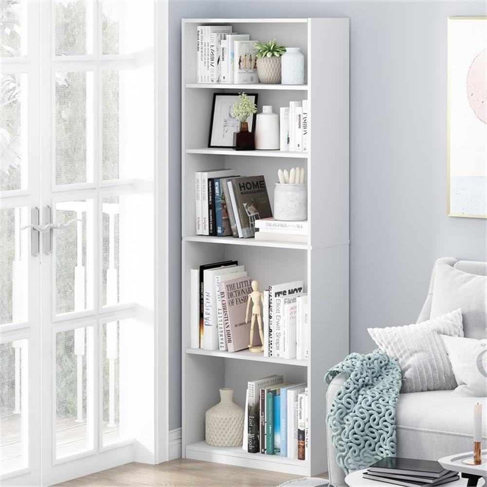 Pemberly Row 5-Shelf Bookcase, Engineered Wood, Adjustable Shelves, White Finish, 71.2" H x 24.5" W x 9.5" D, Space-Saving Home or Office Storage and Display Furniture