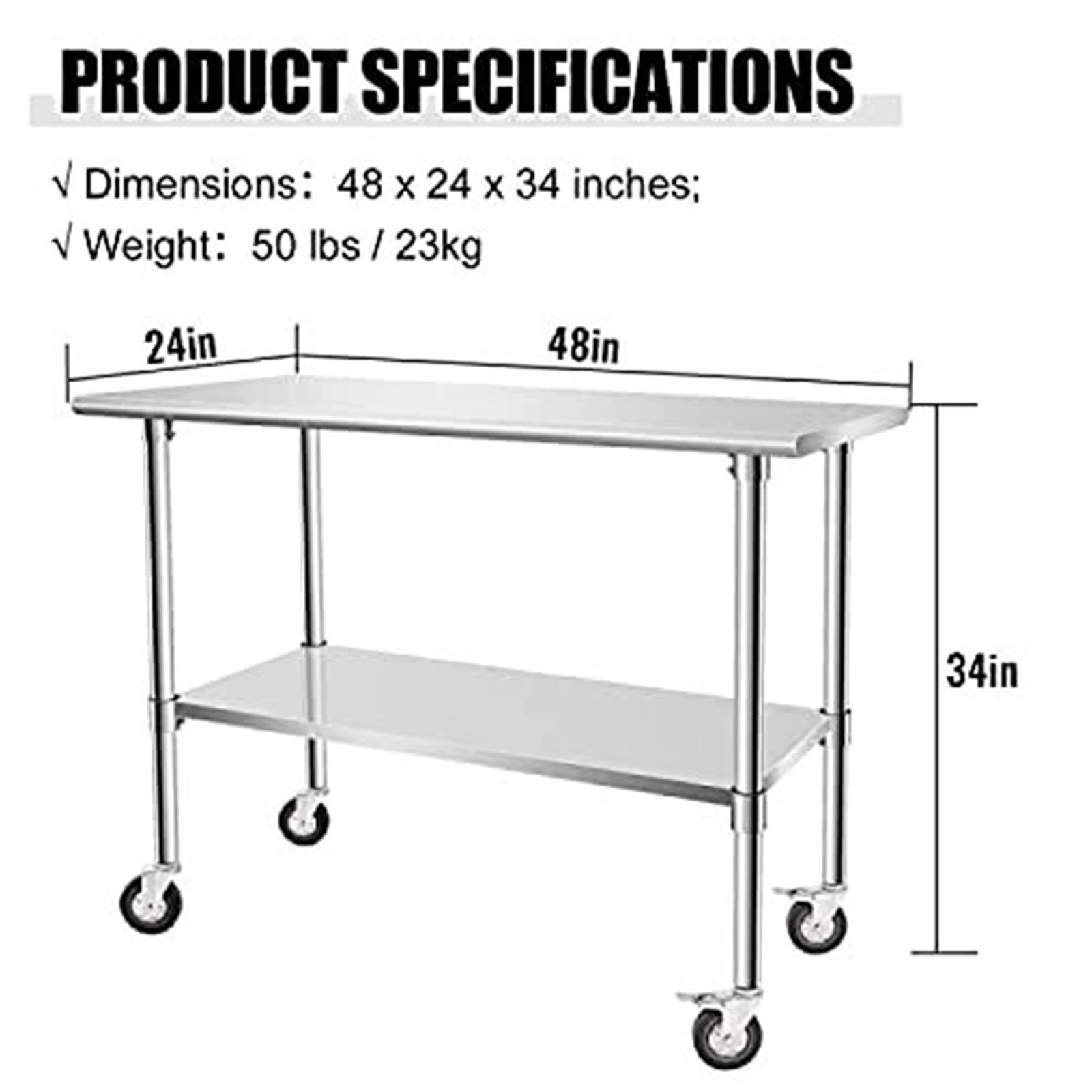 Tavolo da lavoro in acciaio inox con ruote bloccabili e ripiano inferiore, 121 x 61 cm, multifunzionale, per cucina/sala da pranzo, per uso domestico e ristorante, facile da spostare e versatile