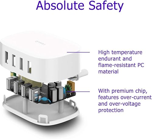 Miniatura 7 de Estación de carga USB de 4 puertos – BULL Bloque de cargador USB múltiple, cable de carga de pared blanco de 6 pies para múltiples dispositivos