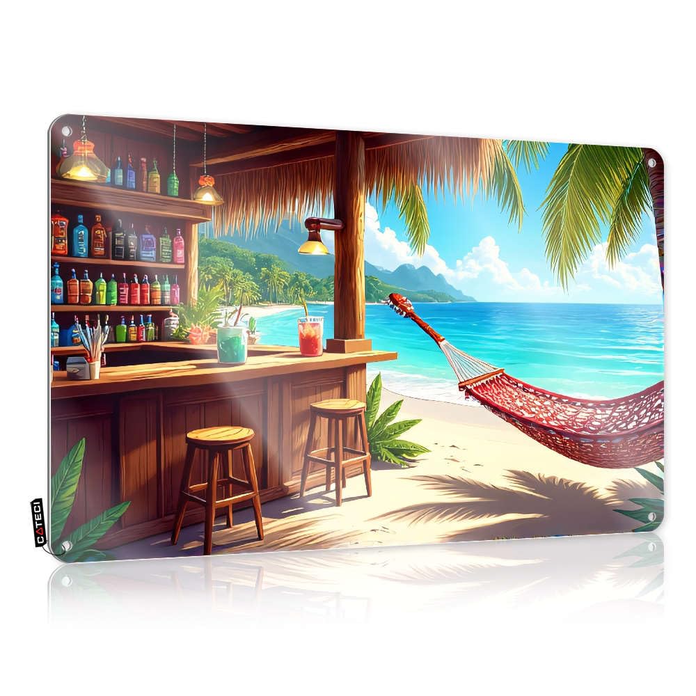 Fzfn Colour Rubber Fun Farmhouse Signs | Beachside Bar With Hammock Overlooking Ocean. Patriotic Decorative Wall Art Ready To Hang For Longhorn(30X40cm)