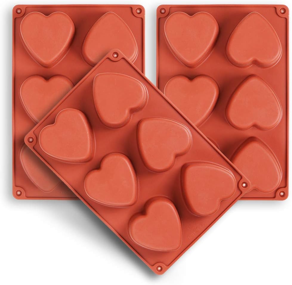 homEdge 6-Cavity Heart Silicone Mould, 3 Packs Heart Shape Moulds for Making Handmade Soap, Chocolate, Soap Candles and Jelly-Brown